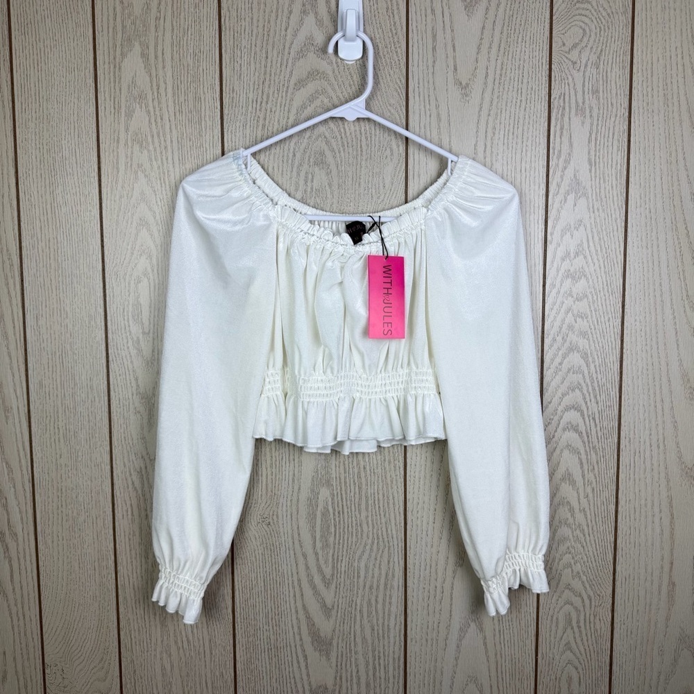 With Jules Big Girls Long-Sleeve Velvet Smocked Peplum Top Medium Cream $58